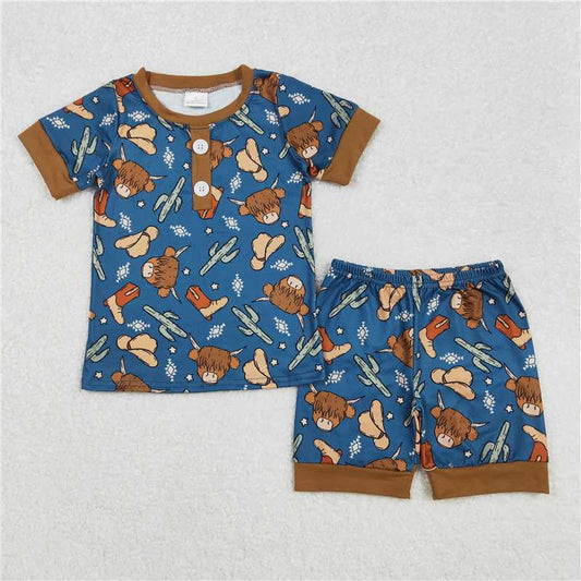 3.10  BSSO1232 Alpine Bull Head Cactus Boots Geometric Brown Blue Short Sleeve Shorts Pajama Set
