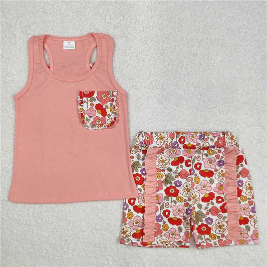 3.4 GSSO1793 Flower leaf pocket bow solid pink vest shorts set