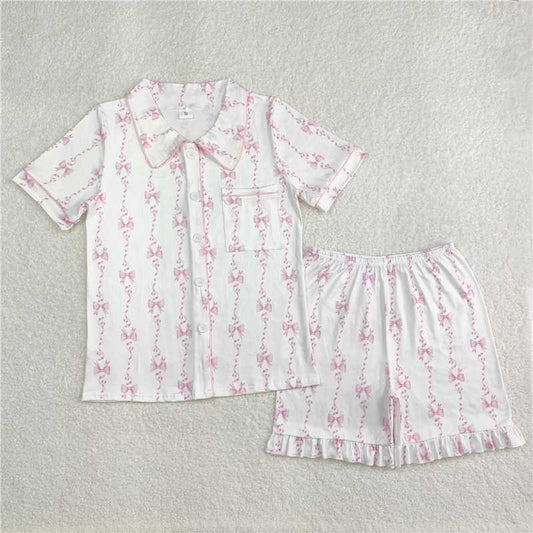 4.9 GSSO1944 Adult female bow pattern ribbon white short-sleeved shorts pajamas set