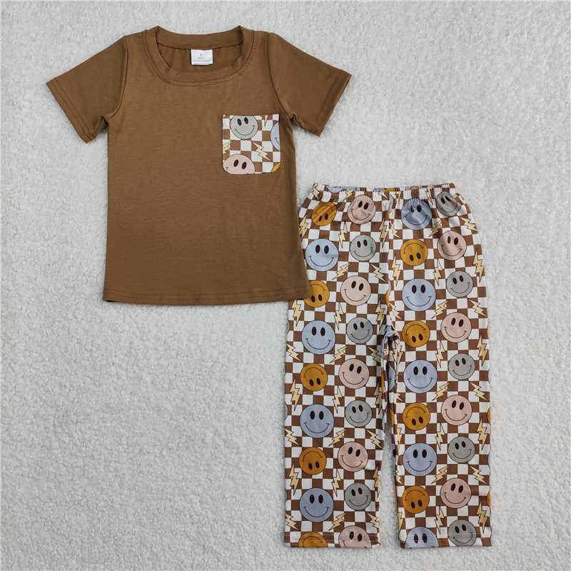 3.10 BSPO0425 Smiley Lightning Brown Plaid Pocket Short Sleeve Pants Set