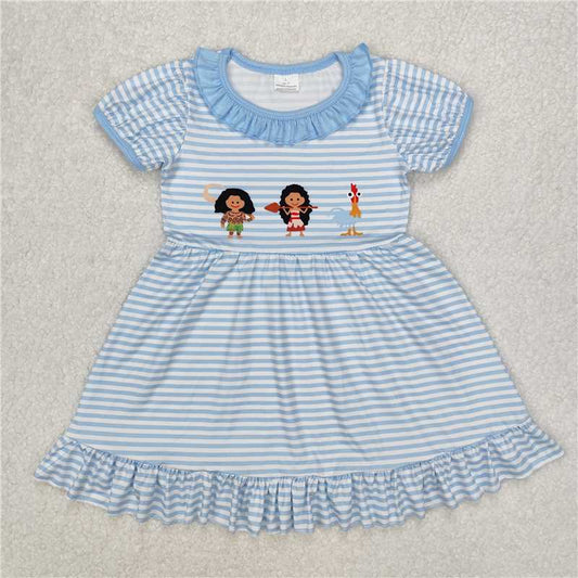 3.4GSD1582 Cartoon girl chick striped blue lace short-sleeved dress
