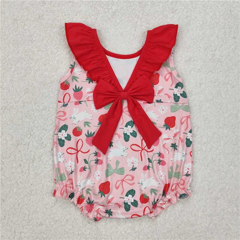 3.11SR2582 Easter bunny strawberry red lace bow vest jumpsuit
