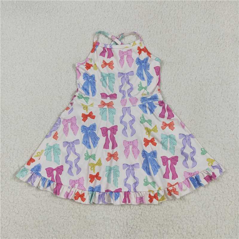 5.10 GSD2291 Beige yoga sleeveless dress with blue and purple colorful bow pattern