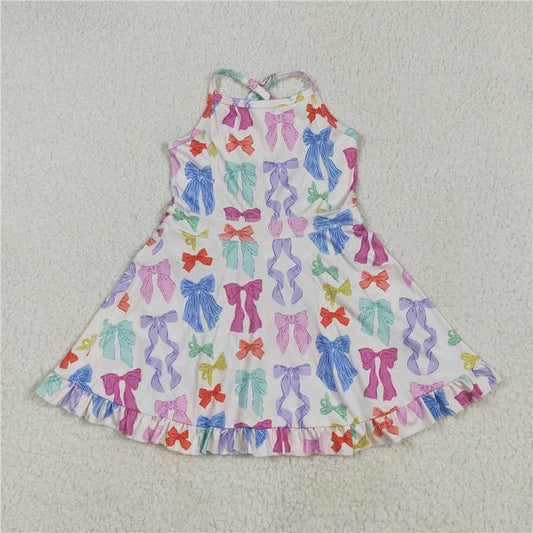 5.10 GSD2291 Beige yoga sleeveless dress with blue and purple colorful bow pattern