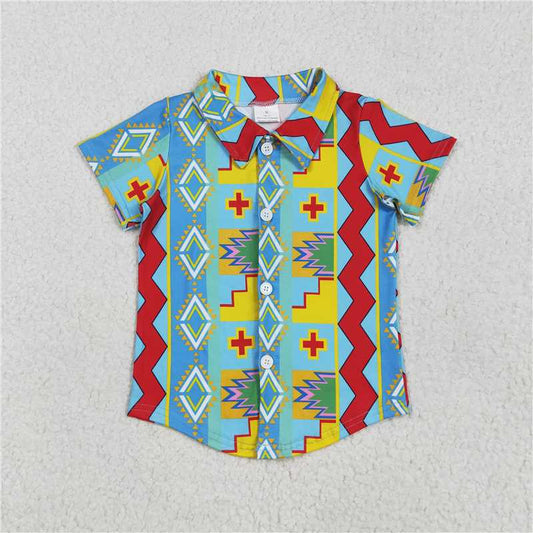 5.7 BT1225 Geometric blue button-down short-sleeved top