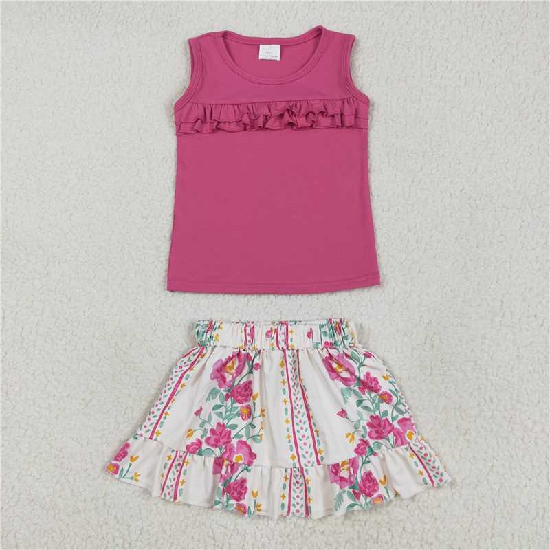 5.10 GSD2104 Pure rose red sleeveless flower leaf striped skirt suit