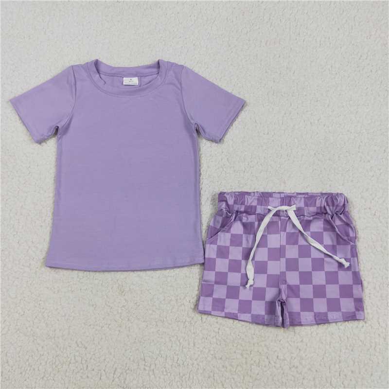 5.10  GSSO2524 Pure purple short-sleeved plaid shorts suit