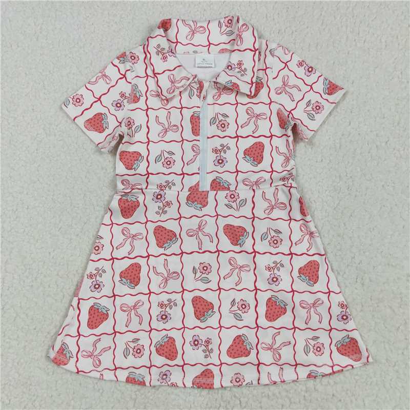 5.10 GSD2407 Strawberry flower pink bow pattern plaid yoga short sleeve dress