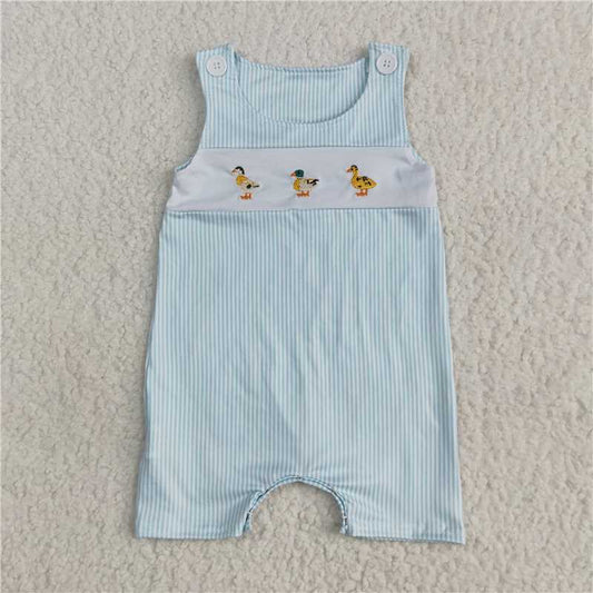 6.24 SR2991 Embroidered smocked duck blue striped sleeveless jumpsuit