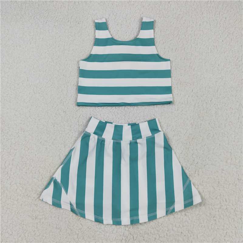 5.10 GSD2432 Green and white striped sleeveless vest and skirt yoga set