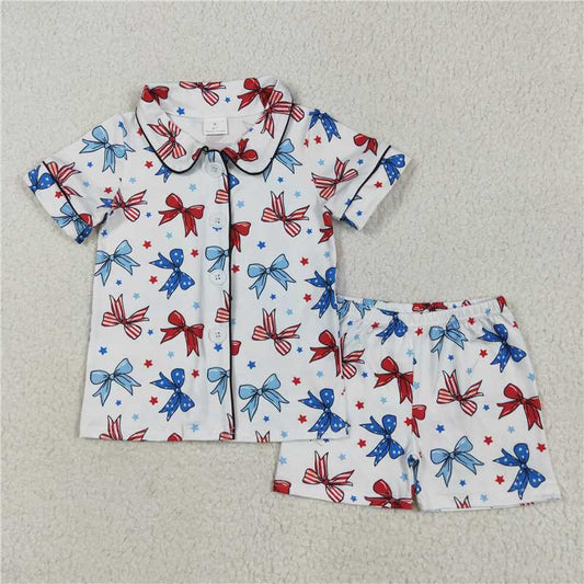 5.19 GSSO2484 National Day bow pattern star white short-sleeved shorts pajamas set