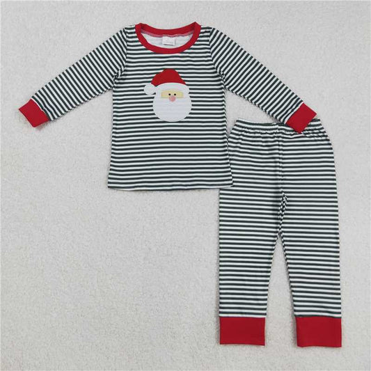 X830  BLP1126 Embroidered Santa Claus Green Striped Long-Sleeved Pants Pajama Set