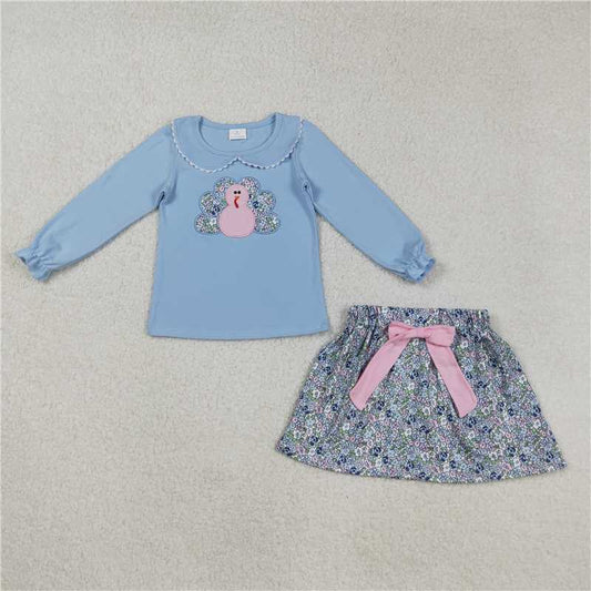 X915  GLD0849 Embroidered Floral Turkey Blue Doll Collar Long-Sleeved Skirt Set