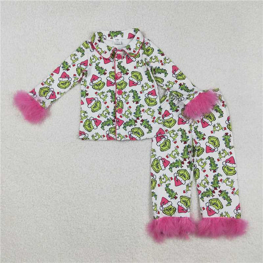 X829 GLP2647 Grinch Christmas Tree Rose Red Plush Trim White Long-Sleeved Pants Pajama Set