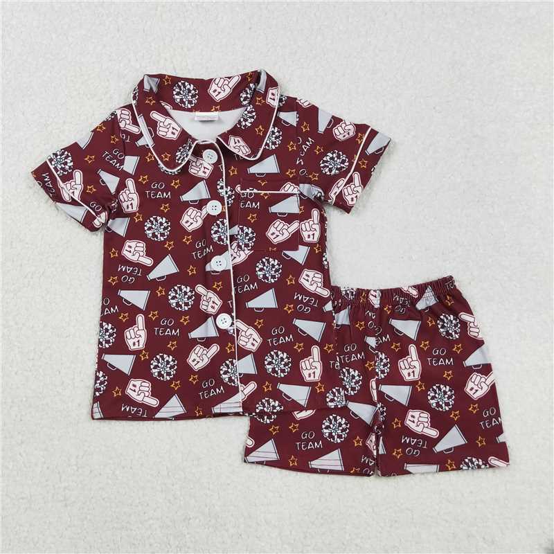 X916 GSSO2678 Go Team white hand signal trumpet pattern with star and bow pattern, dark red short-sleeved shirt and shorts pajama set