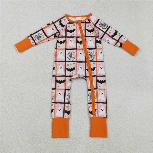 X830 LR2539 Halloween Ghost Bat Spider Mesh Pink and Orange Zipper Long Sleeve Bodysuit