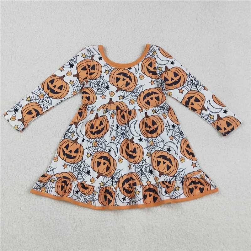 X901  GLD1258 Halloween Smiley Pumpkin Star Spiderweb Candy Long Sleeve Dress