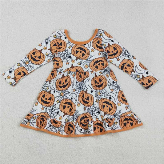X901  GLD1258 Halloween Smiley Pumpkin Star Spiderweb Candy Long Sleeve Dress
