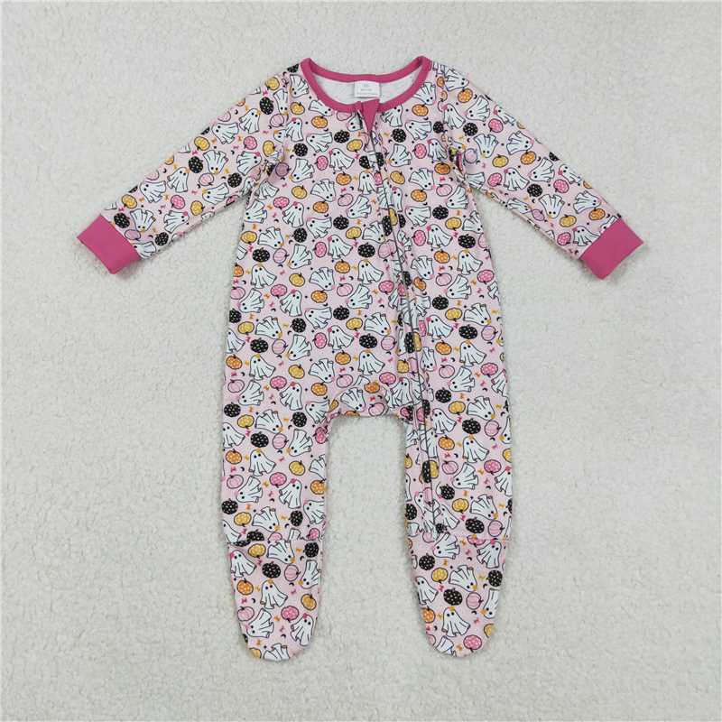 X830 LR2506 Ghostly Pumpkin Pink Zipper Long Sleeve Bodysuit