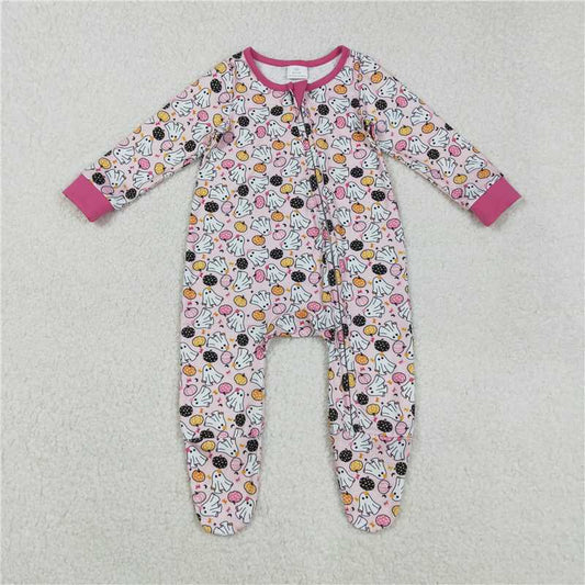X830 LR2506 Ghostly Pumpkin Pink Zipper Long Sleeve Bodysuit