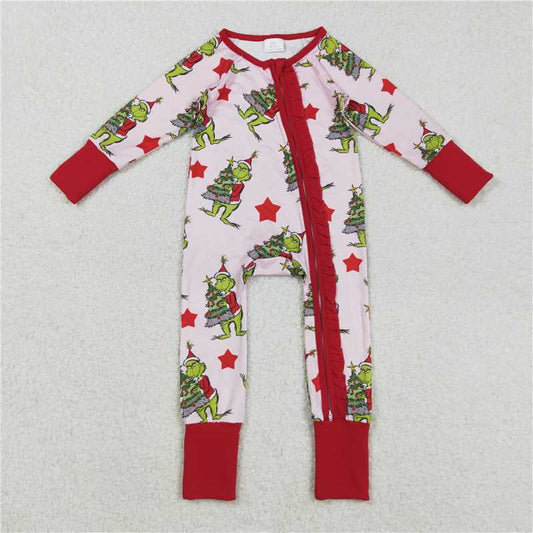 X901  LR2496 Grinch Christmas Tree Star Red Lace Pink Zipper Long-Sleeved Bodysuit