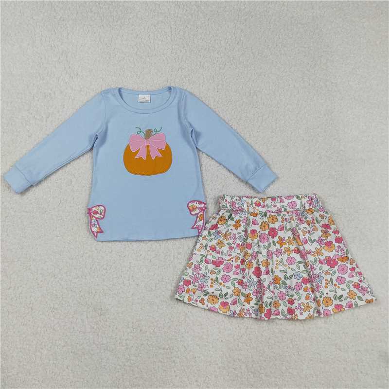 X901 GLD1172 Embroidered pumpkin blue long-sleeved floral beige culottes set with a bow pattern