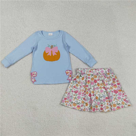 X901 GLD1172 Embroidered pumpkin blue long-sleeved floral beige culottes set with a bow pattern