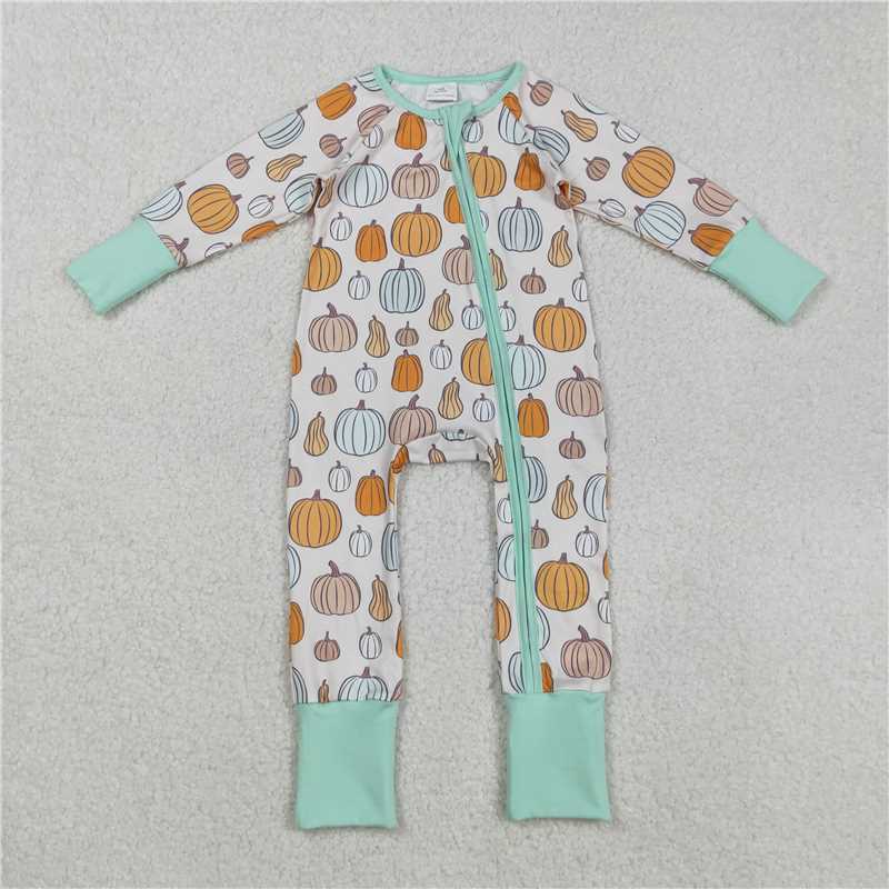 X918 LR2565 Pumpkin pattern beige green zip-up long-sleeved bodysuit