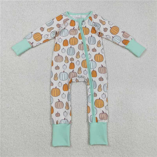 X918 LR2565 Pumpkin pattern beige green zip-up long-sleeved bodysuit