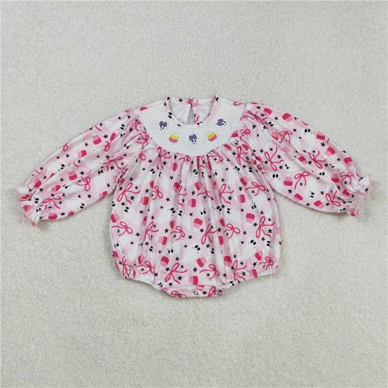 X901  LR2216 Pink long-sleeved bodysuit with smocked embroidered ghost candy bow pattern