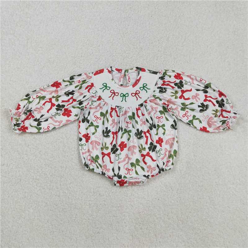 X901 LR2185 Beige long-sleeved bodysuit with embroidered Christmas bow pattern