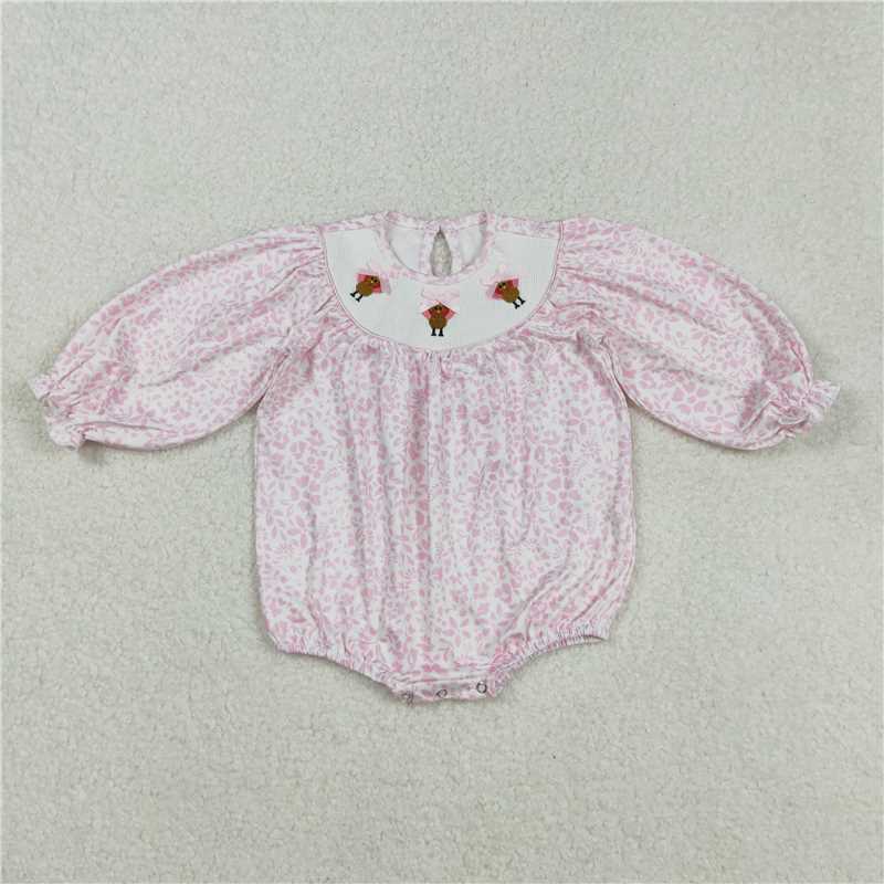 X901 LR2184 Smocked embroidered turkey pink floral and leaf long-sleeved bodysuit