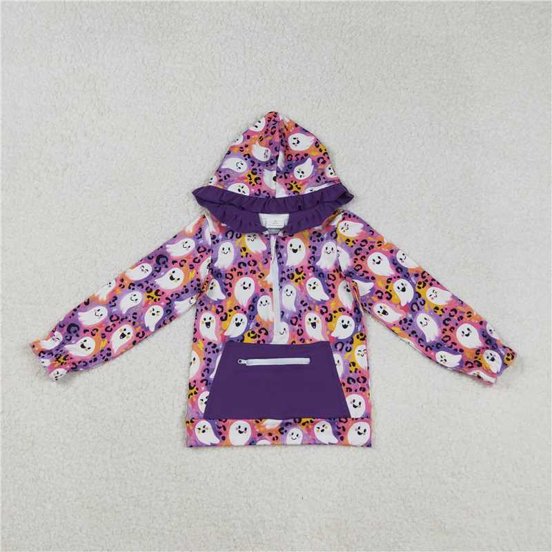 X901 GT1155 Halloween Ghost Leopard Print Purple Zipper Pocket Hooded Long Sleeve Top