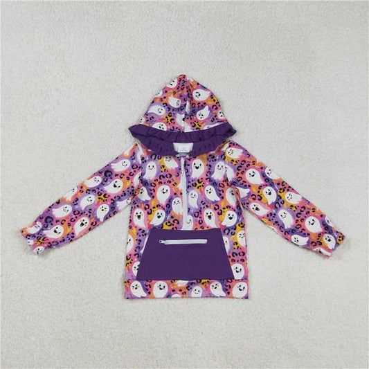 X901 GT1155 Halloween Ghost Leopard Print Purple Zipper Pocket Hooded Long Sleeve Top