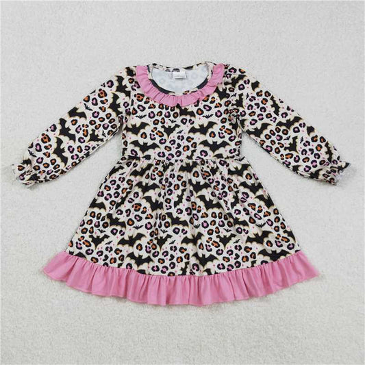 X901  GLD1224 Halloween Bat Leopard Print Pink Lace Long Sleeve Dress