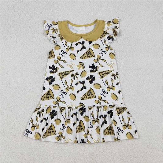 X926  GSD2788 Football flared bow pattern gold baby doll collar dress with flying sleeves