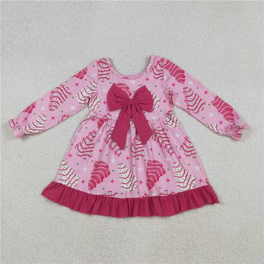 X107 GLD1276 Pink long-sleeved dress with a Christmas tree pattern and rose-red bow lace