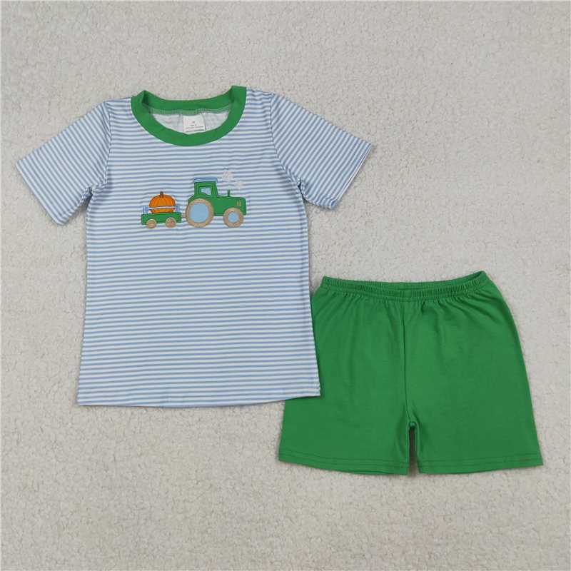 X12.8 BSSO1549 Embroidered Pumpkin Tractor Blue Striped Short-Sleeve Set with Green Shorts