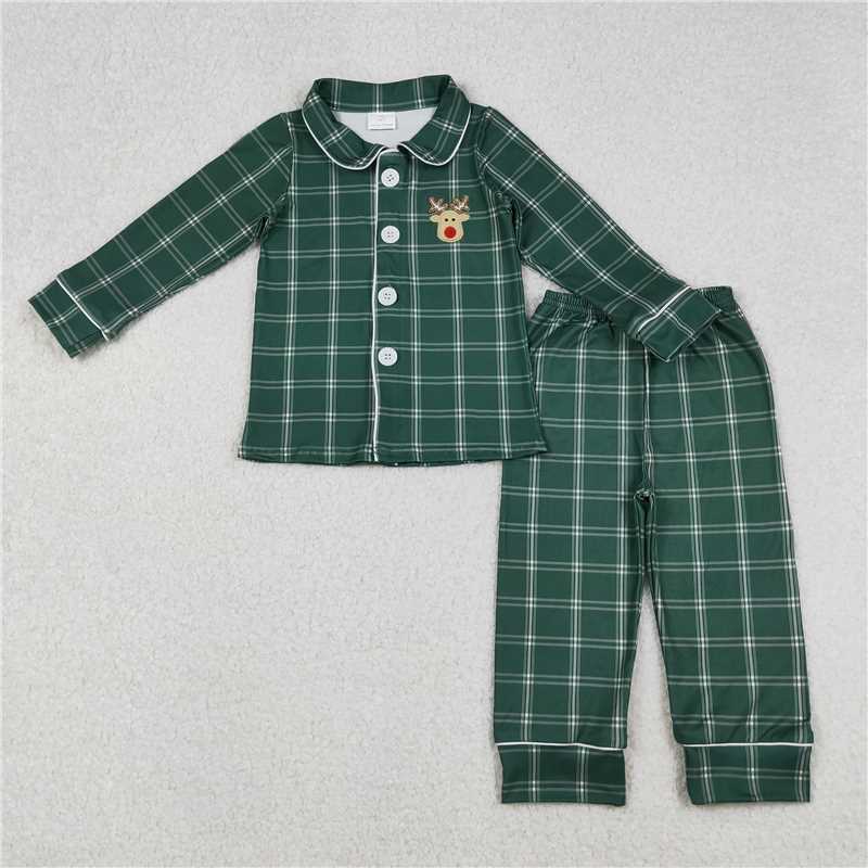 X10.11 BLP0545 Embroidered Christmas reindeer green plaid long-sleeved trousers