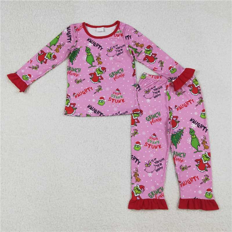 X108  GLP2710 Grinch Christmas Tree Red Lace Rose Red Long Sleeve Pants Pajama Set