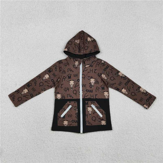 X11.11BT1337 Character Mountain Bull Head Brown Pocket Zipper Hooded Long-Sleeve Top