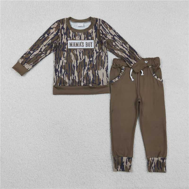 X11.10  BLP1334 Embroidered Mama's Boy Military Green Camouflage Long-Sleeved Pants Set