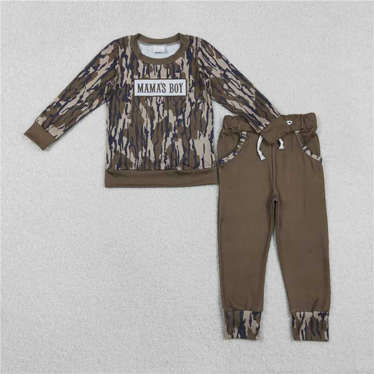 X11.10  BLP1334 Embroidered Mama's Boy Military Green Camouflage Long-Sleeved Pants Set