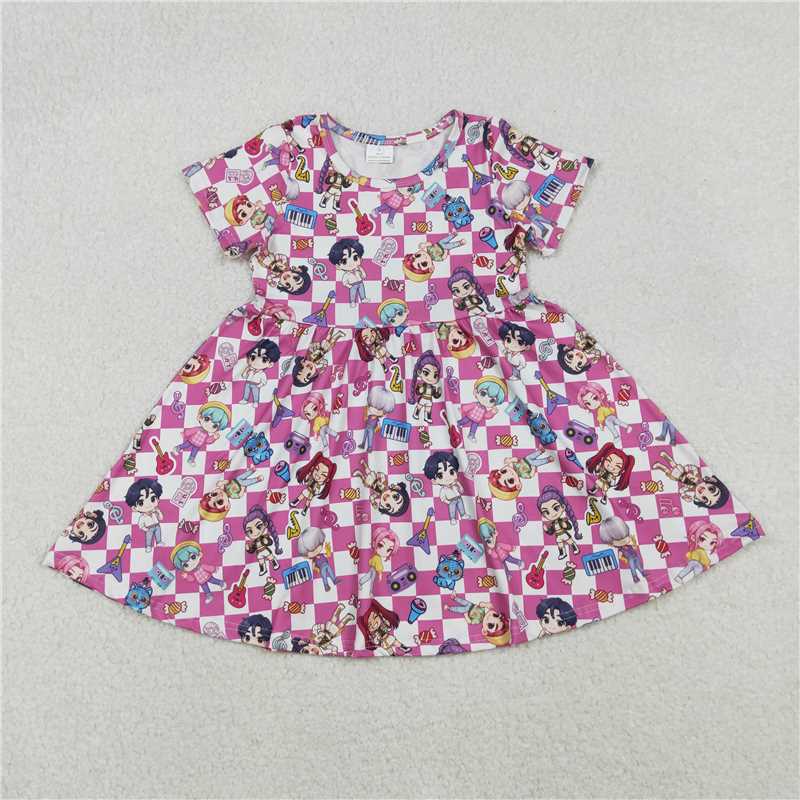X12.2GSD2919 Kpop Cartoon Character Rose Red Plaid Short-Sleeve Dress