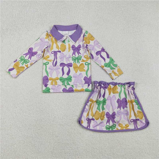 X12.2  GLD1333 Carnival Bow Pattern Purple Zipper Long-Sleeved Skirt Set