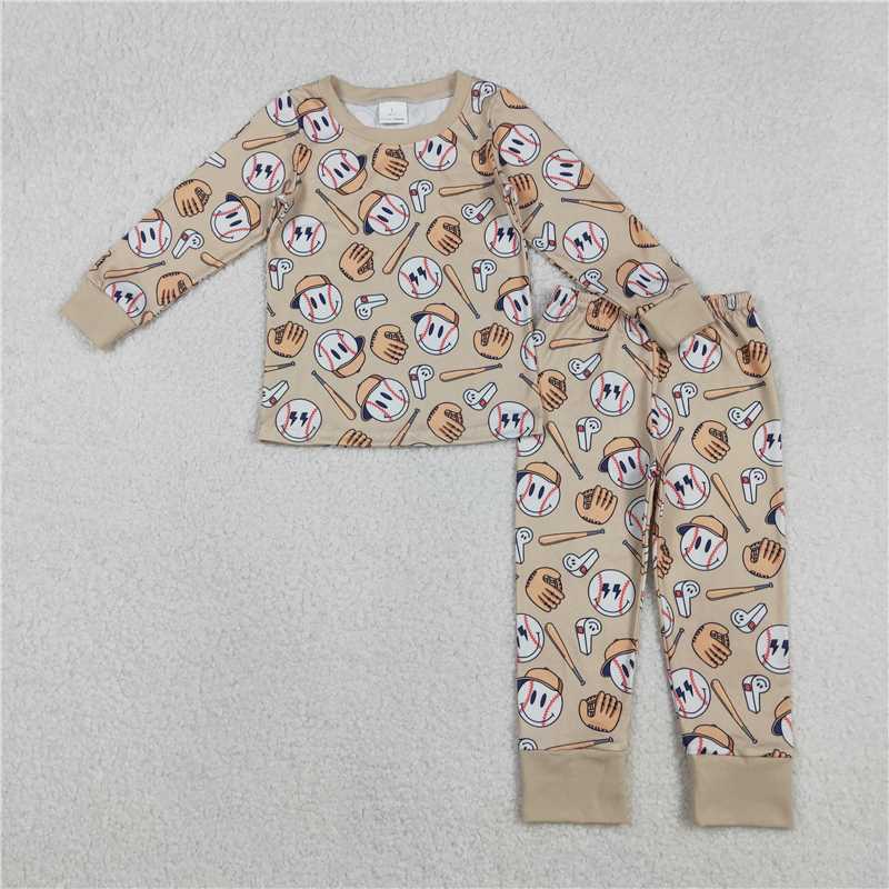 X12.10  BLP1346 Baseball Smiley Face Khaki Long-Sleeve Pajama Set