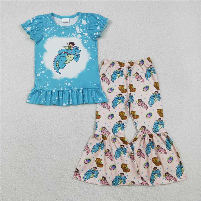 X12.2GSPO2137 Dragon Tales Cartoon Dinosaur Blue Short-Sleeve T-Shirt and Pants Set