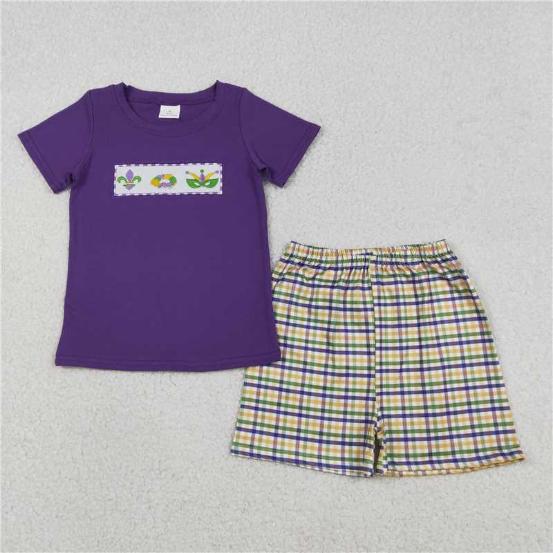 X1.10  BSSO1603 Embroidered Carnival Pattern Mask Purple Short-Sleeved Plaid Shorts Set
