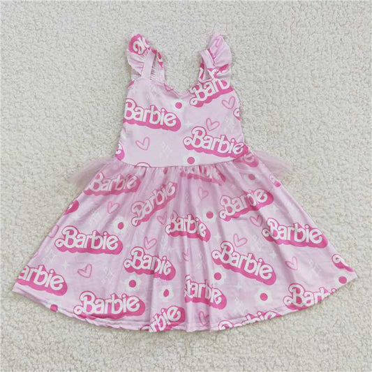 GSD0463 barbie pink tulle flying sleeve dress