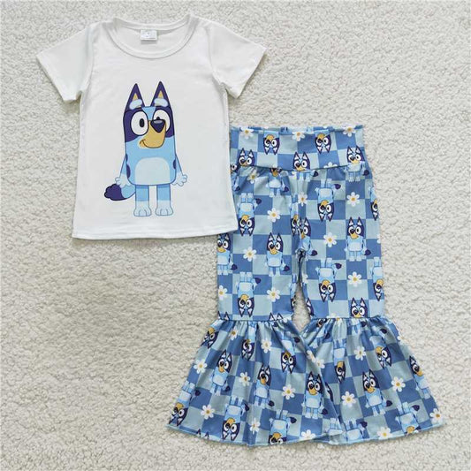 blue dogs shirt & bell pants 2 pieces girls sets kids clothes